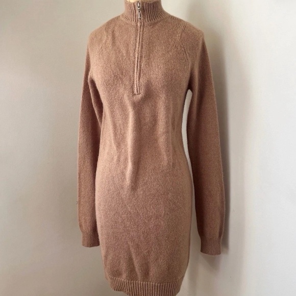 Lovers + Friends Anthea Sweater Dress Tan Ribbed Knit Zipper Front Size Medium - Picture 3 of 7